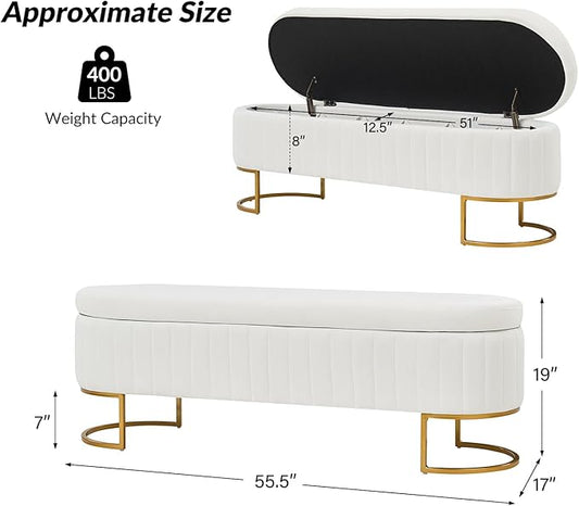 EcoHarbor Living 55.5" Storage Bench Ottoman End of Bed Bench Bedroom Bench, Upholstered Velvet Long Window Bench Large King Size with Gold Legs, Flipping Lid Entryway Footrest