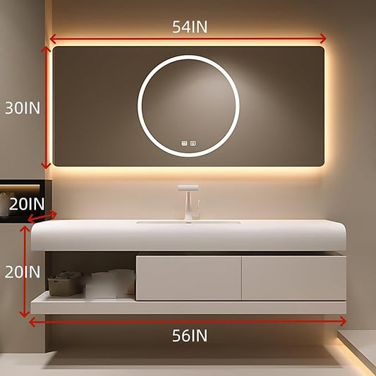56IN Bathroom Vanity with Sink - Bathroom Cabinet Set has 2 Drawers & Overflow Hole Wall Mounted | LED Practical Defogging Mirror, Open Compartments, Seamless Rock Slab Basin (Cream White)