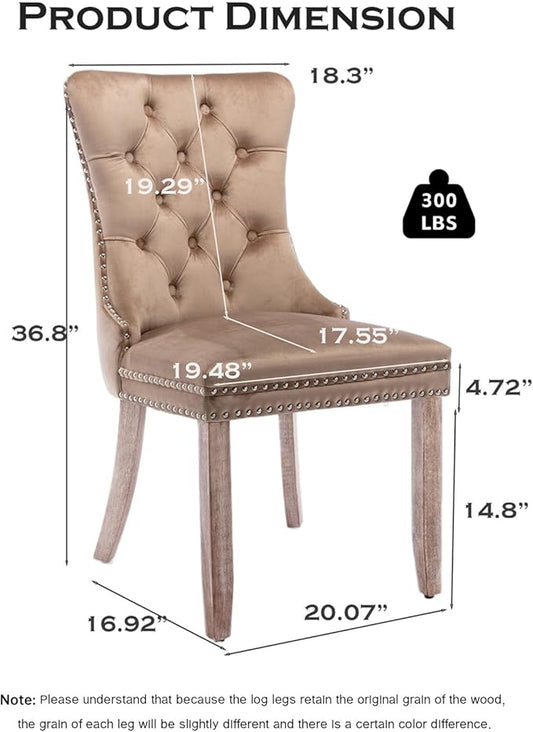 Velvet Upholstered Dining Chairs Set of 2, Modern Style Kitchen Side Chairs with Nailhead Trim and Wood Legs,Metal Pulling Ring for Dining Room Living Room(Khaki)