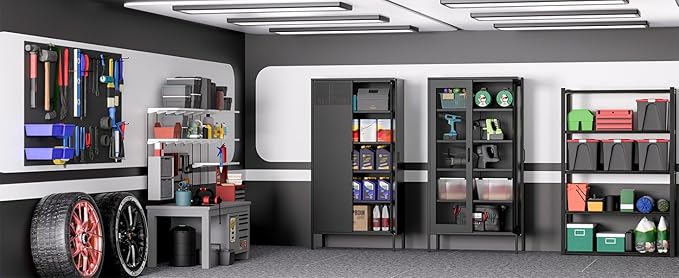 Metal Storage Cabinets with 4 Adjustable Shelves,Black Metal File Cabinet, 71'' Steel Storage for Home & Office, School,Kitchen Pantry,Tool Cabinet,Garage, Black