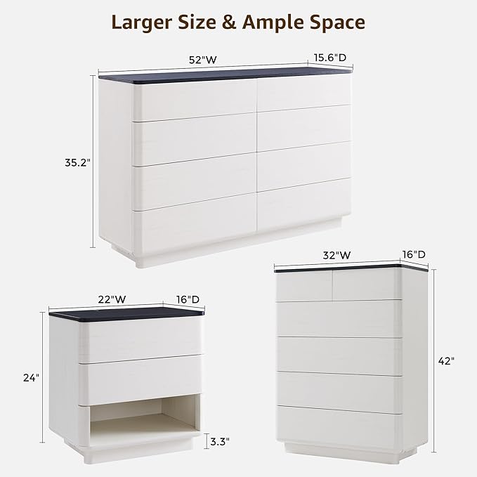 ACCOHOHO Modern Bedroom Set, 3 Pieces Bedroom Furniture Set, Includes 8 Drawers Dresser, 6 Dressers Organizer,Nightstand, Chest of Drawers Wide Storage Organizer Cabinet for Bedroom, White