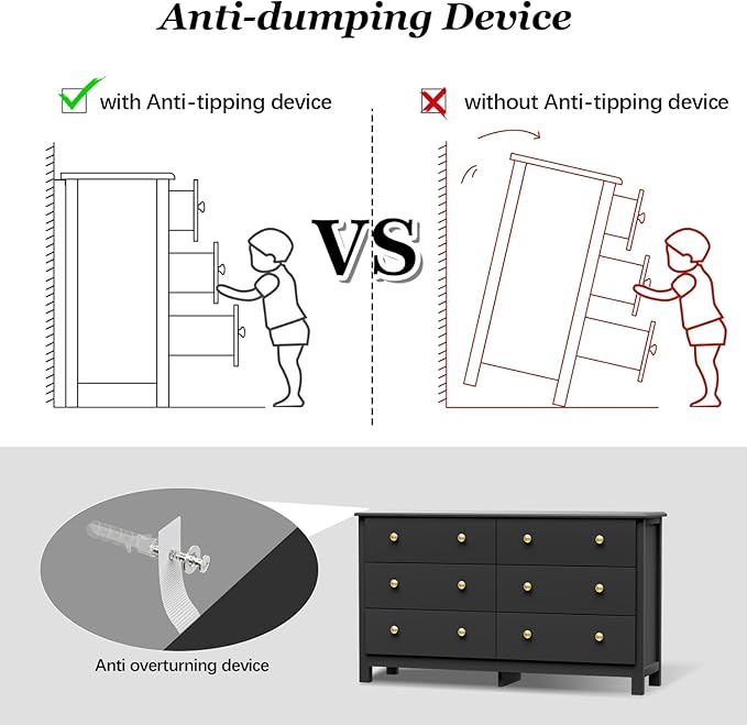 Black Dresser, Modern 6 Drawer Double Dresser for Bedroom with Gold Knobs, Adults & Kids Wide Dressers & Chests of Drawers for Hallway, Entryway