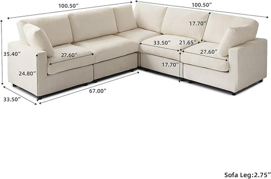 WJShome V Shaped Sectional Couch 100 Inch 5-Seater Modern Modular Sofa,Chenille Deep Seat Couches for Living Room, Bedroom and Apartment,Beige