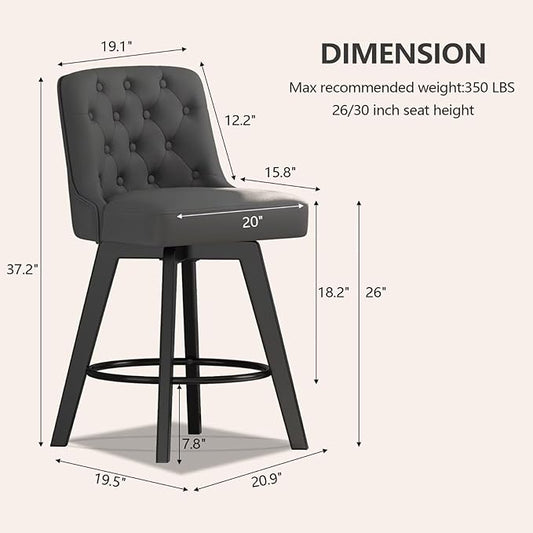 MINCETA Bar Stool, PU Leather Barstool, 26 Inch Upholstered Counter Stool with Low Tufted Back and Footrest, Swivel Counter Height Barstool for Kitchen Island Home Bar Dark Gray