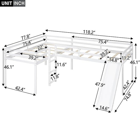 L-Shaped Twin Size Loft Bed with Ladder and Slide,Solid Wood Structure Bed Frame,w/Safety Guardrail & Slat Supports,Space Saving,Easy to Assemble,for Kids,Teens,Girls & Boys,White