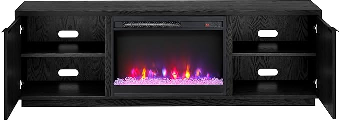 Henn&Hart Rectangular TV Stand with 26" Crystal Fireplace for TV's up to 78" in Black Grain, for Home, Living Room, Bedroom, Entertainment Room, Office