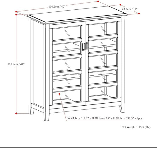 SIMPLIHOME Burlington SOLID WOOD 40 inch Wide Transitional Medium Storage Cabinet in Mahogany Brown, with 2 Tempered Glass Doors that open to 4 Adjustable Shelves
