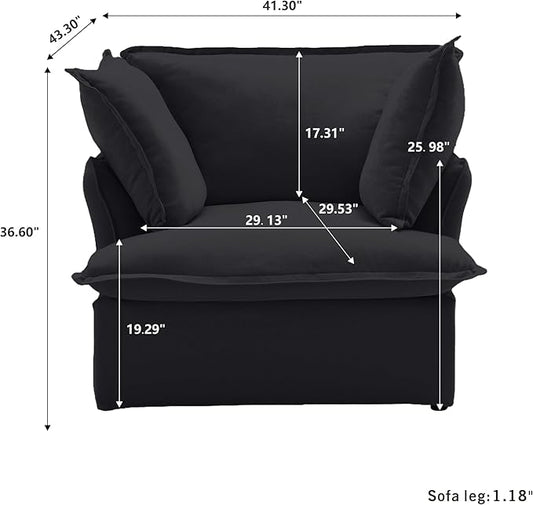 JACH Modern Comfy Couch Chair with Thick Cushion, Couch Single Accent Chair Deep Seat Sofa Couches, Hemp Velvet Sofas Furniture for Small Spaces Living Room Bedroom Office Apartment (Black)
