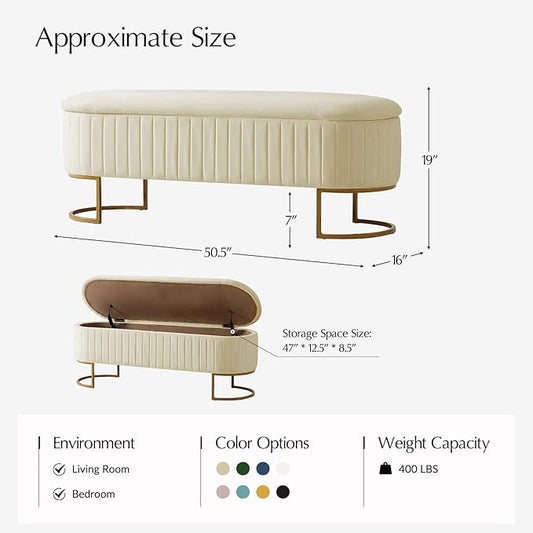 EcoHarbor Living 50.5" Storage Bench Hallway Ottoman,Upholstered End of Bed Bench Velvet with Gold Legs,Flipping Lid Entryway Footrest