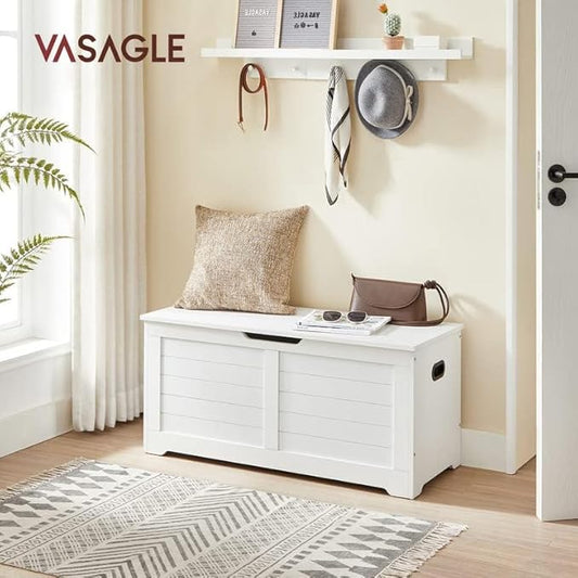VASAGLE Storage Chest, Storage Bench with 2 Safety Hinges, Farmhouse Style, 15.7 x 39.4 x 18.1 Inches, for Entryway, Bedroom, Living Room, Cloud White ULSB061T10