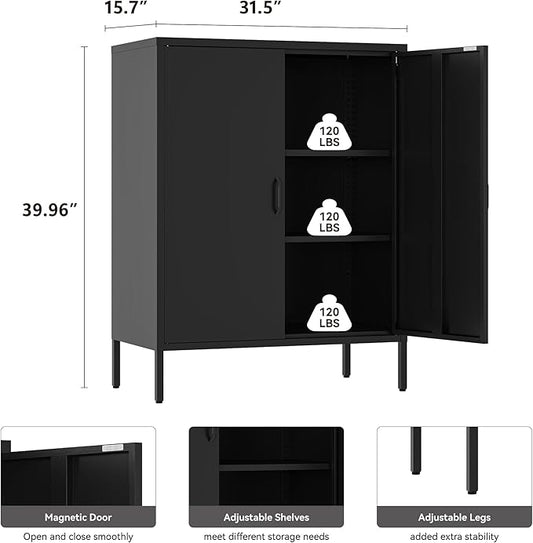 Metal Locker Storage Cabinet with 2 Doors and 4 Shelves,39.96" Tall Steel Office Cabinet,Bathroom Floor Locker,for Office,Home,Garage,Gym,School (Black)
