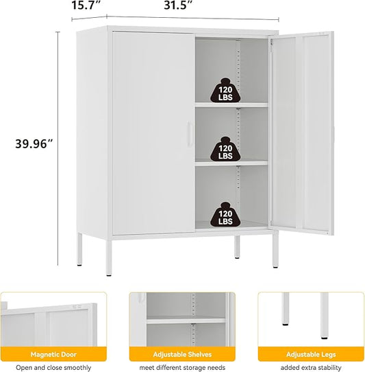 Metal Cabinet with 2 Doors and 4 Shelves,39.96" Tall Steel Office Cabinet,Bathroom Floor Locker,for Office,Home,Garage,Gym,School (White)