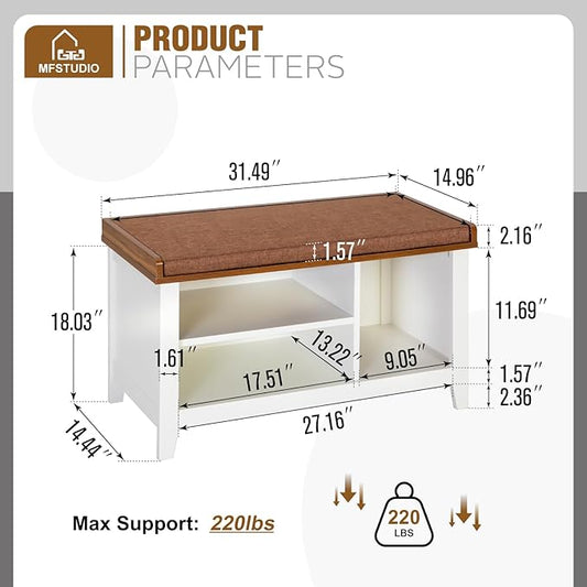 MFSTUDIO Shoe Storage Bench, White Shoe Entryway Bench with Seating Padded Cushion, Freestanding Shoe Rack Organizer for Entryway Hallway Living Room Bedroom, Brown Cushion