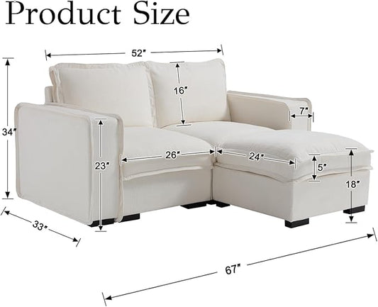 EALSON 67" Sectional Couch Modern Love Seat with Ottoman Modular Cloud Sofa with Deep Seat Comfy Linen Loveseat Sofa Convertible L Shaped Couches 2 Seater Couch for Living Room/Bedroom, White