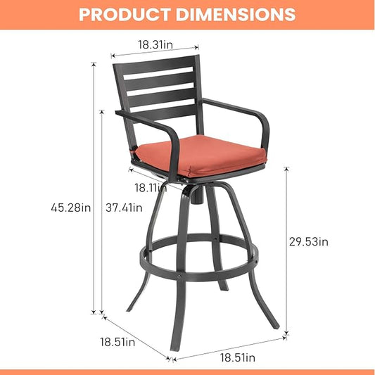 Pellebant Outdoor Bar Stools Set of 4 with Sunbrella Cushion, 29.5" Aluminum Swivel Bar Height Stool Chairs with Back & Footrest, Rust-Proof Patio Bartools for Deck Lawn Garden,Red