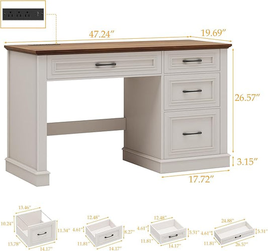Farmhouse 47" Executive Desk, Computer Desk with Drawers and File Drawer, Workstation Computer Desk with Charging Station for Home Office,Study,(Unique White)