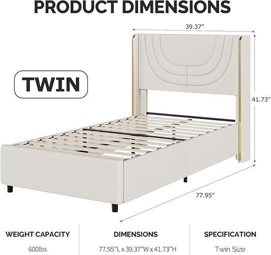 Twin Upholstered Bed Frame with LED Lights, Faux Leather Platform Bed Frame with Silver Wingback Headboard, Modern Style, No Box Spring Needed, Easy Assembly, Cream