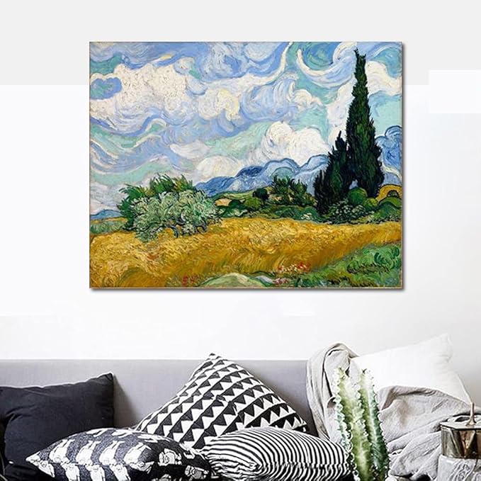Wieco Art Wheat Field with Cypresses by Van Gogh Famous Oil Paintings Reproduction Extra Large Modern Gallery Wrapped Landscape Giclee Canvas Prints Artwork on Canvas Wall Art for Home Decorations