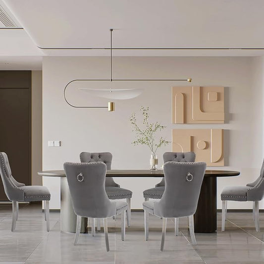 Velvet Upholstered Dining Chairs Set of 8, Modern Style Kitchen Side Chairs with Nailhead Trim and Silver Plated Leg, Metal Pulling Ring for Dining Room Living Room(Grey)