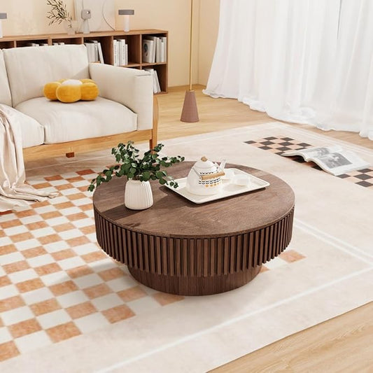 31.5'' Round Coffee Table for Living Room, Fluted Coffee Table with Hidden Storage, Solid Wood Veneered Circle Table, Modern Tea Table for Small Space Apartment (Walnut-31.5''D×14''H)