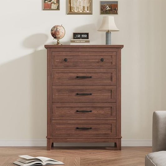 GarveeHome 5 Dresser for Bedroom, 41.3 in Tall Vertical Drawer Dresser with Large Storage, Freestanding Wooden Closet Chest for Bedroom, Living Room, Walnut