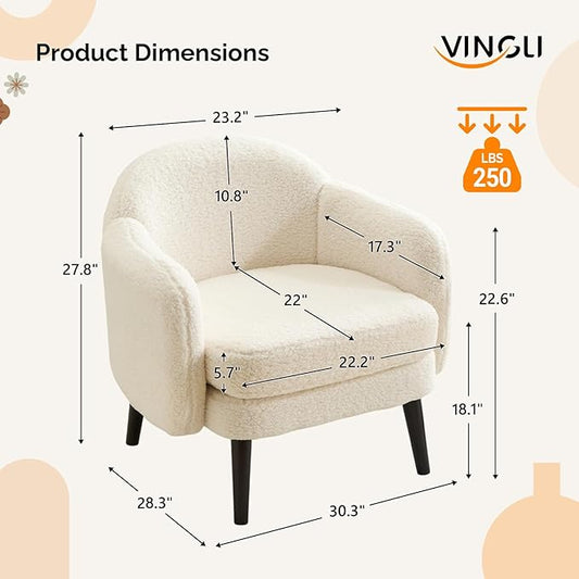 VINGLI 30.3" Wide Modern Barrel Accent Armchairs Set of 2 with Track Armrest, Solid Wooden Legs, Comfy Upholstered Club Chairs, Single Home Sofa for Living Room, Bedroom, Reading,Teddy Fleece White