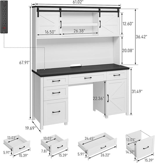 Farmhouse 67" H Executive Desk with Hutch,Office Table with 5 Drawers, Computer Desk with Storage Cabinet & File Drawers and Charging Station, Wood Workstation for Home Office and Study.(Black)