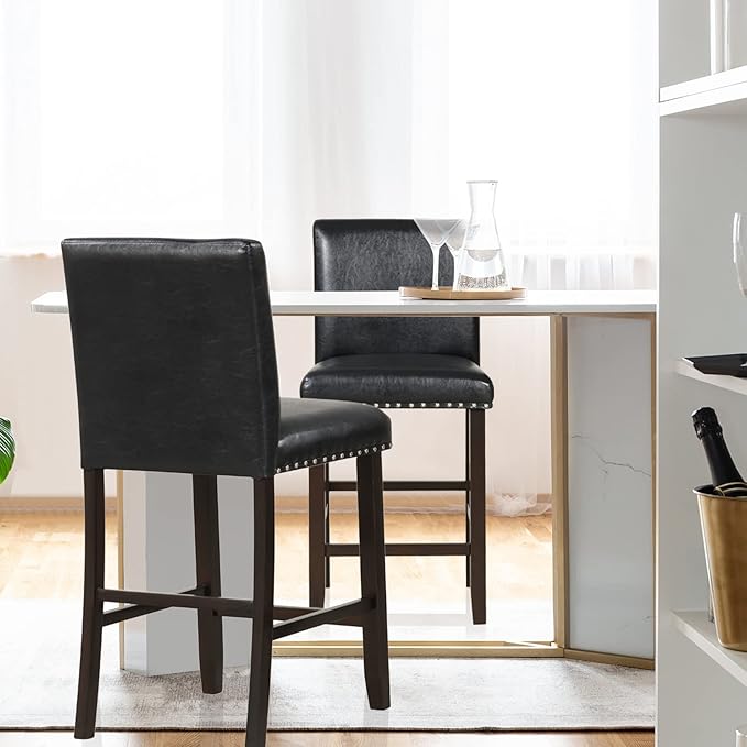 COSTWAY Bar Stools Set of 4, 25.5” PVC Leather Armless Counter Height Chair with Back, Kitchen Island Breakfast Chair for Dining Room, Party Room & Restaurant (4, Black)