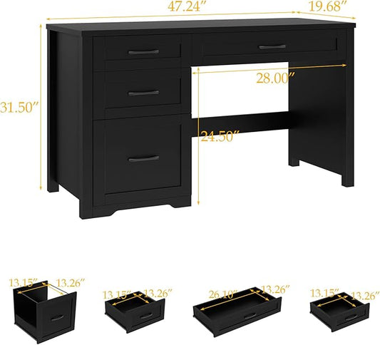 Vabches Farmhouse 47" Executive Desk with File Drawer, Wood Computer Desk with 3 Storage Drawers, Workstation for Home Office, Study, Writing(Black)
