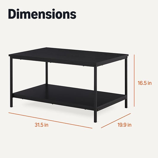 Amazon Basics Rectangular Coffee Table with Bottom Shelf, Living Room Centre Table, Wooden Black, 19.9" D x 31.5" W x 16.5" H