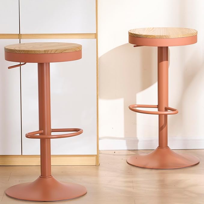 Kidol & Shellder Bar Stools Set of 6 Round Adjustable Swivel Barstools Modern Backless Bar Chairs Wooden Seat Counter Height Stools Armless for Kitchen Island, Cafe, Dining Room Terracotta