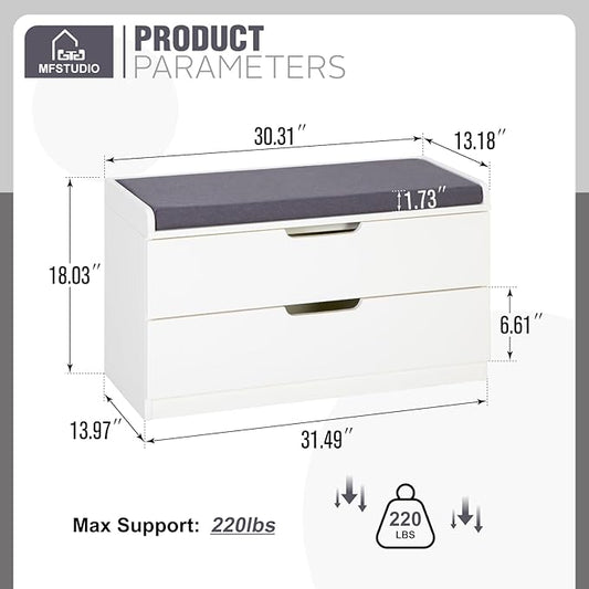 MFSTUDIO Large Shoe Storage Bench, White Wood Shoe Entryway Bench with Seating Padded Cushion, 2 Drawers, Freestanding Shoe Rack Organizer for Entryway Hallway Living Room, Grey Cushion