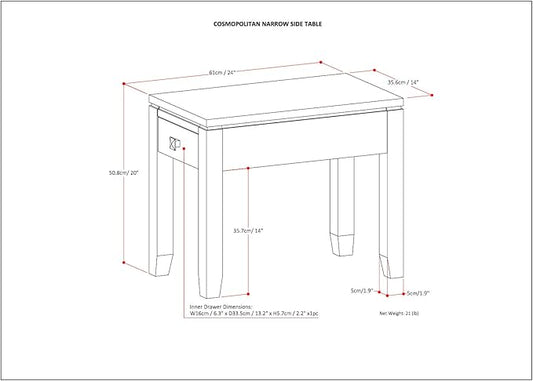 SIMPLIHOME Cosmopolitan SOLID WOOD 14 Inch Wide Rectangle Contemporary Narrow Side Table in Mahogany Brown, For the Living Room and Bedroom