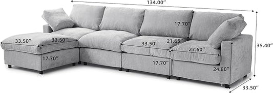 WJShome L Shaped Sectional Couch 134 Inch 4-Seater Modern Modular Sofa with Ottoman,Chenille Deep Seat Couches for Living Room, Bedroom and Apartment,Gray