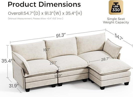 KKL 91.3" Modular Sectional Sofa, L-Shaped 4 Seater Cloud Couch with Ottoman, Chenille Modern Sectional Couches for Living Room, Apartment, Beige