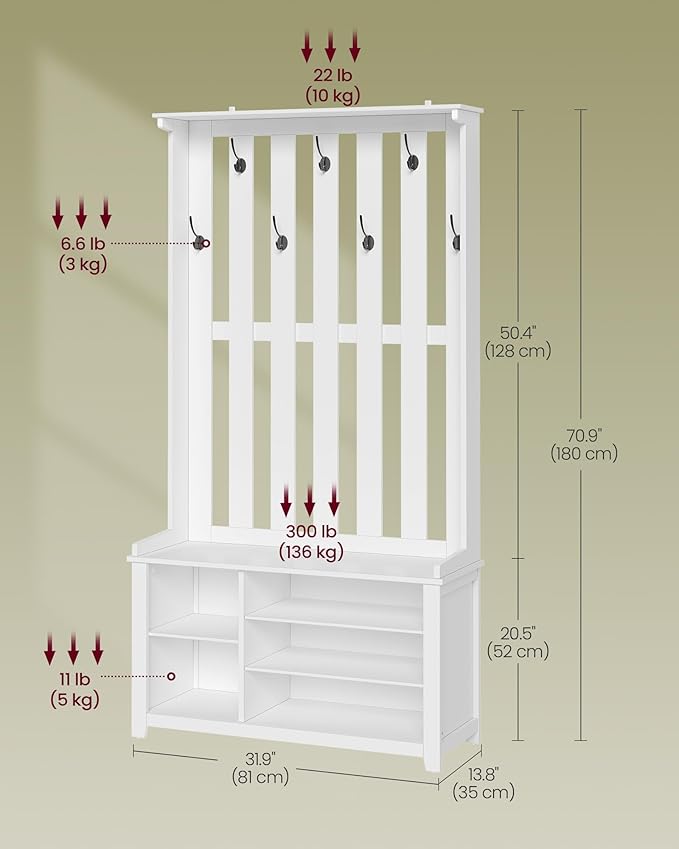 VASAGLE Hall Tree with Bench and Shoe Storage, Coat Rack with Shoe Bench, 7 Double Hooks for Jackets, Hats, Entryway, Bedroom, Living Room, 13.8 x 31.9 x 70.9 Inches, Matte White UHSR414WB01S