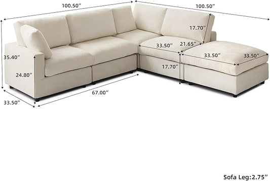 WJShome L Shaped Sectional Couch 134 Inch 4-Seater Modern Modular Sofa with Ottoman,Chenille Deep Seat Couches for Living Room, Bedroom and Apartment,Beige