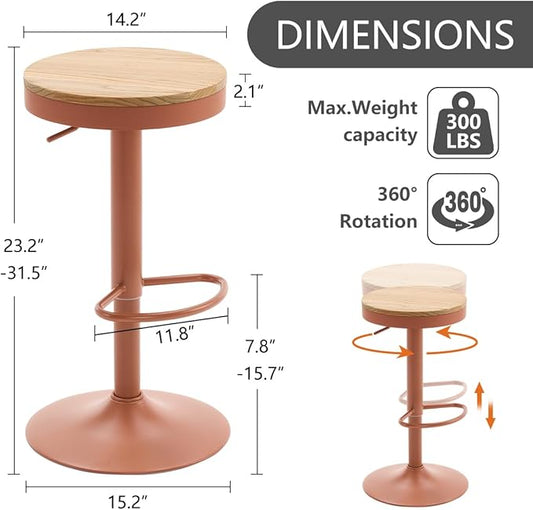 Kidol & Shellder Bar Stools Set of 6 Round Adjustable Swivel Barstools Modern Backless Bar Chairs Wooden Seat Counter Height Stools Armless for Kitchen Island, Cafe, Dining Room Terracotta