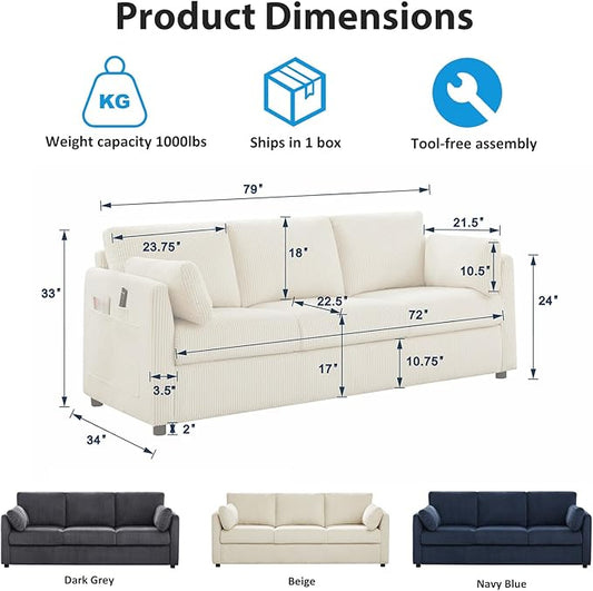 3 Seater Couches for Living Room, 79" Modern Corduroy Sofa with 2 Pillows and Storage Pockets, Small Couches for Apartment, Small Spaces, Home Office, Grey
