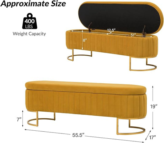EcoHarbor Living 55.5" Storage Bench Ottoman End of Bed Bench Bedroom Bench, Upholstered Velvet Long Window Bench Large King Size with Gold Legs, Flipping Lid Entryway Footrest