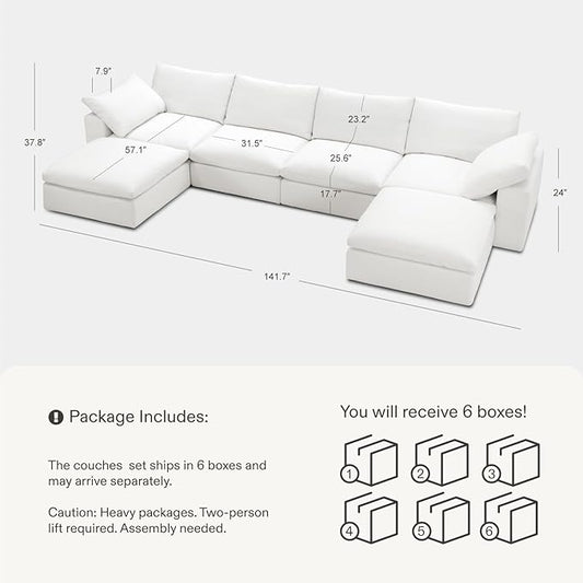 Modular Cloud Sofa, 141.7" Cloud Sectional Couches with Deep Seat, U-Shape 4-Seat Couch with Ottoman for Living Room, Modern Comfy Couch with Washable Cover, Wide Armrest (White,2 Ottomans)