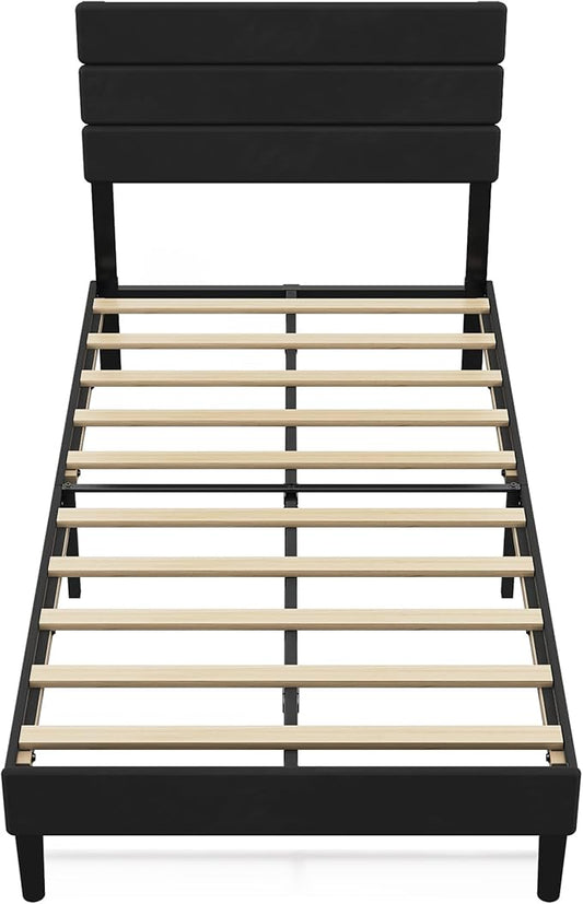WLIVE Twin Size Upholstered Bed Frame, Velvet Square Tufted Headboard,Sturdy Metal & Wooden Slats Support, No Box Spring Needed, Black