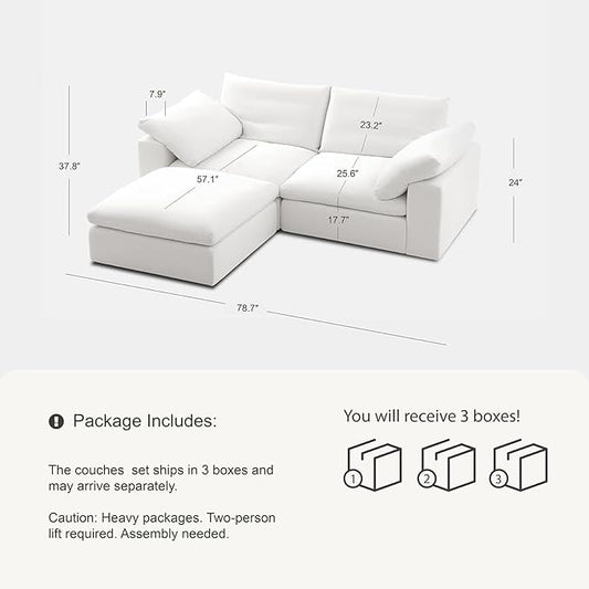 Modular Cloud Sofa, 78.7" Cloud Sectional Couches with Deep Seat,Oversized Loveseat Sofa with Ottoman for Living Room, Modern Comfy Couch with Washable Cover, Wide Armrest (White,1 Ottoman)