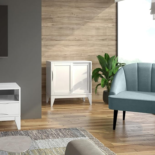 SIMPLIHOME Harper Storage Cabinet - 30 inch Wide Solid Hardwood 2-Shelf Low Console Cabinet in White, Mid-Century Modern Cupboard for Living Room with Sliding Doors and Adjustable Shelves