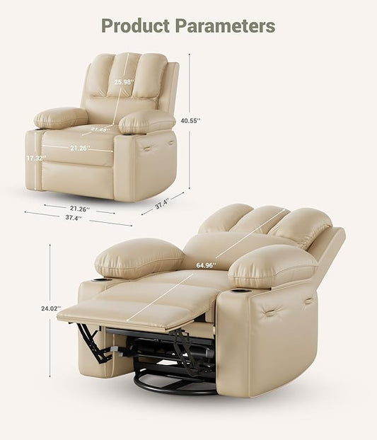 27" Oversized Power Recliner Chair, Faux Leather Rocking Chair with Heat & Massage, 360° Swivel Modern Electric Recliner with Cup Holder & USB Charging for Living Room, Bedroom, Nursery - Beige