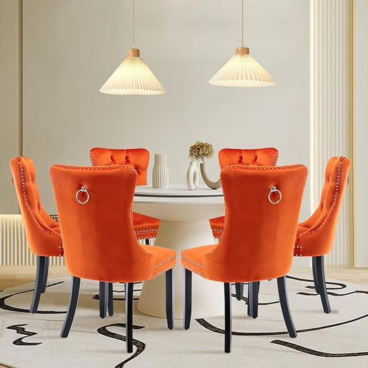 Velvet Upholstered Dining Chairs Set of 6, Modern Style Kitchen Side Chairs with Nailhead Trim and Wood Legs,Metal Pulling Ring for Dining Room Living Room(Orange,Set of 6)