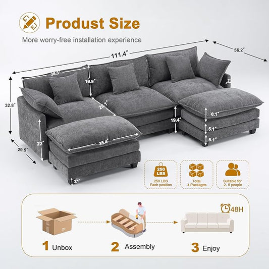 111.4" Cloud Chenille Sectional Sofa 3+2|Modular 5-Seat Couch with Connector|FSC Solid Wood Frame|29.1" Deep Seat|1YR Comfort Guarantee