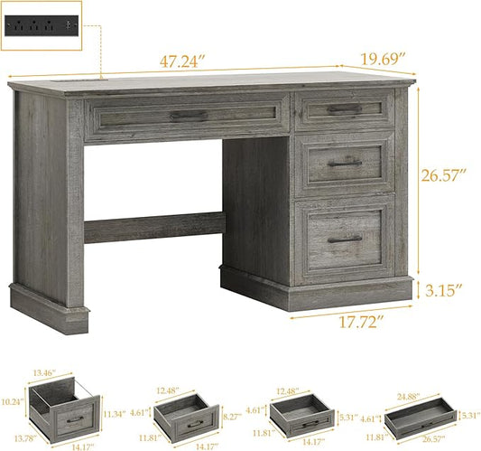 Farmhouse 47" Executive Desk, Computer Desk with Drawers and File Drawer, Workstation Computer Desk with Charging Station for Home Office,Study,(Grey)