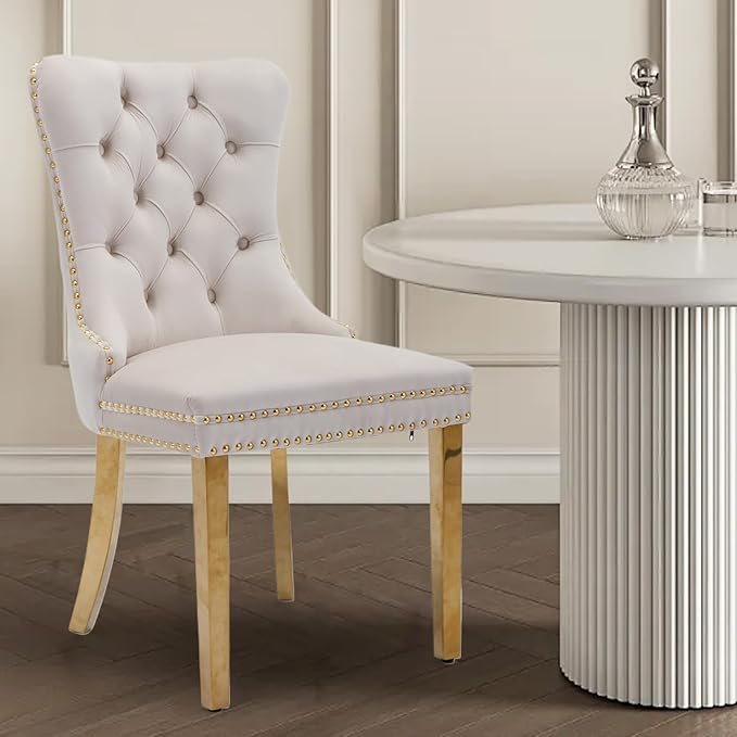 Velvet Upholstered Dining Chairs Set of 8, Modern Style Kitchen Side Chairs with Nailhead Trim and Gold Plated Leg, Metal Pulling Ring for Dining Room Living Room(Beige)