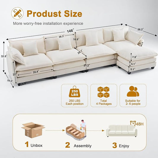 146" Cloud Chenille Sectional Couch 4+2 with Ottomans|Large Modular Sofa for Spacious Living Rooms|FSC Solid Wood Frame|29.1" Deep Seat|Easy Assembly & 1YR Guarantee